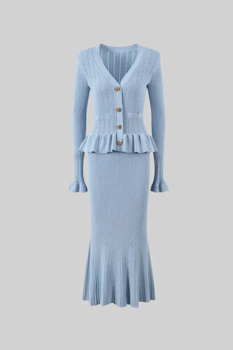 Prudence Conjunto de Vestido Midi de Punto Elegante con Top de Botones