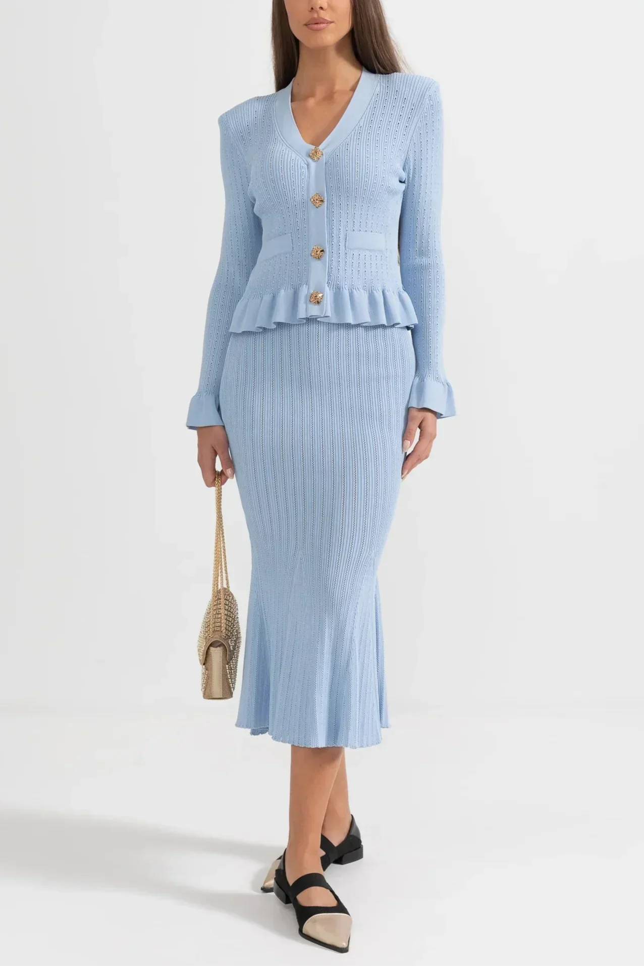 Prudence Conjunto de Vestido Midi de Punto Elegante con Top de Botones
