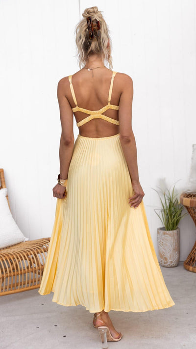 Vestido maxi amarillo con escote en V plisado