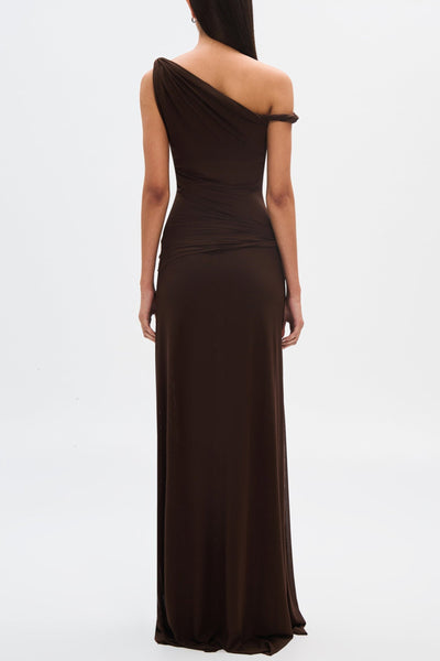 Eranda Vestido Maxi de Malla con Drapado y Diseño Off-Shoulder