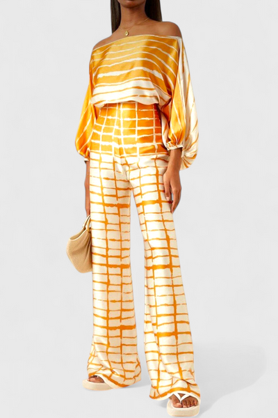 Sybella Conjunto de Dos Piezas con Hombros al Descubierto y Pantalones Amplios Estampados