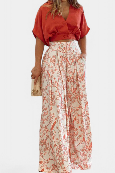 Olivia Conjunto Boho con Cuello en V y Pantalones de Pierna Ancha