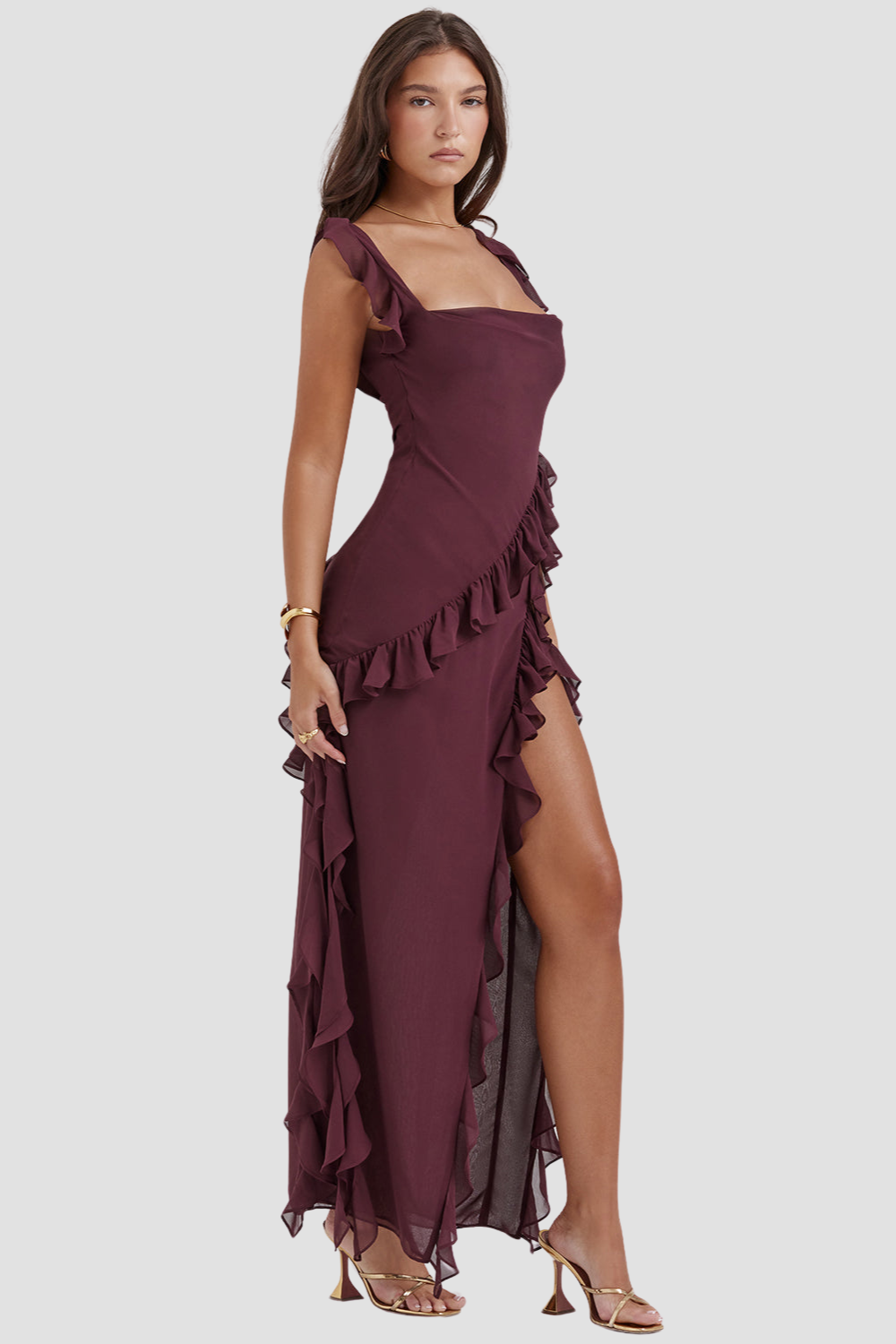 Riana™ Vestido Vaporoso con Volantes y Escote en Agua