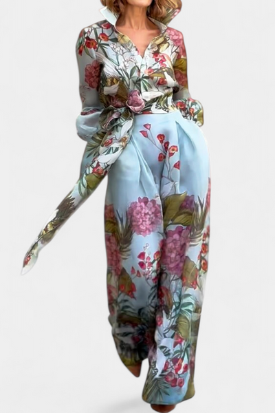 Sanne Conjunto Chic de Camisa y Pantalón Suelto con Estampado