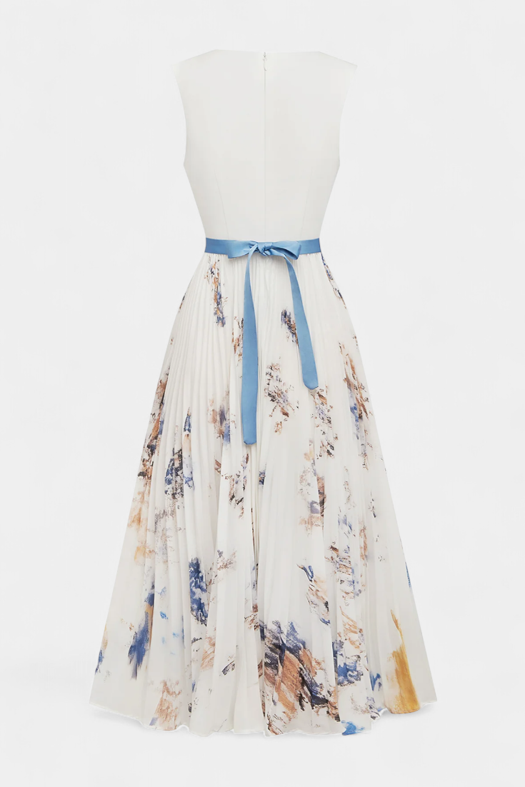 Vestido Midi Sin Mangas Elise con Estampado Floral y Detalles Plisados