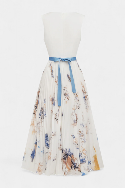 Vestido Midi Sin Mangas Elise con Estampado Floral y Detalles Plisados