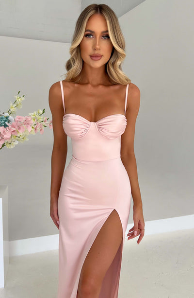 Celestelle™ – Vestido Maxi de Satén de Lujo con Abertura y Fruncidos