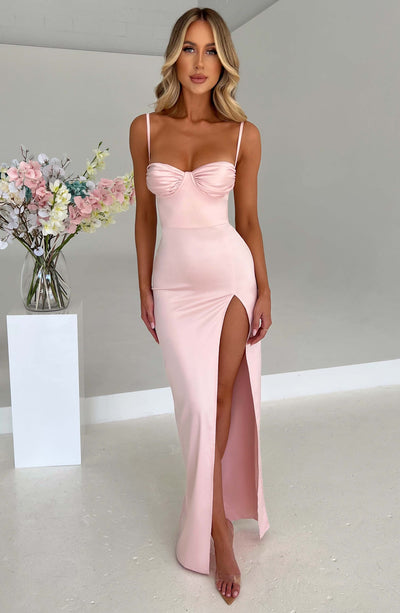 Celestelle™ – Vestido Maxi de Satén de Lujo con Abertura y Fruncidos