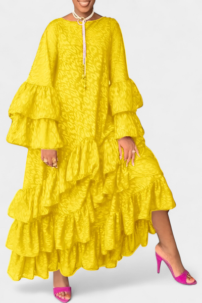 Eliselle Vestido Maxi Asimétrico con Volantes y Mangas de Campana