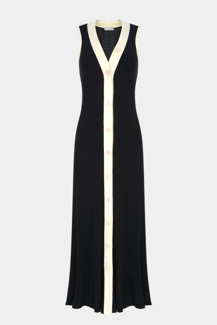 Brielle Vestido de Punto Sin Mangas con Escote en V y Botones Contrastantes
