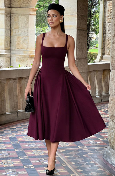 Marivelle™ – Vestido Midi de Cereza con Paneles Plisados