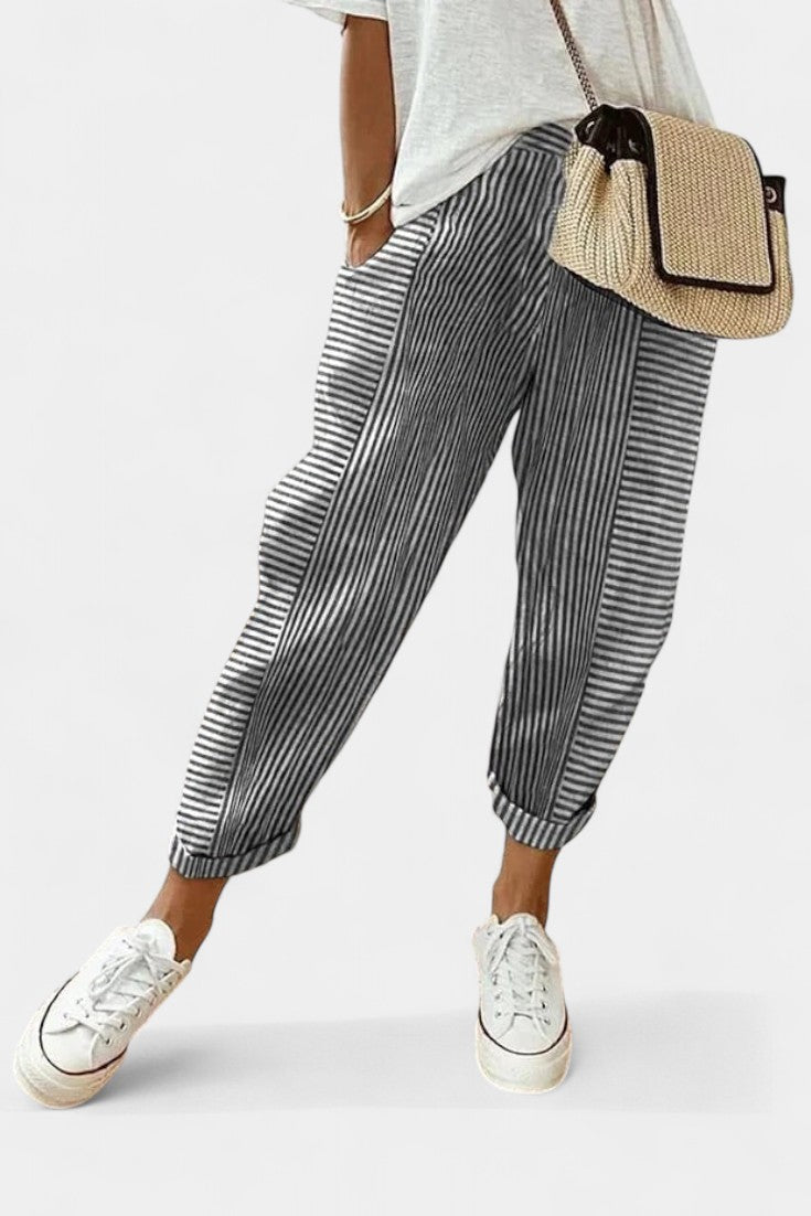 Alba Pantalones Rayados de Mezcla de Lino