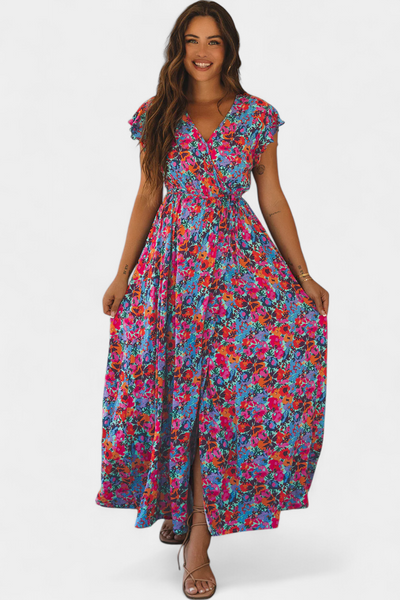 Vestido Largo Cruzado Ximena con Estampado Floral y Abertura Lateral