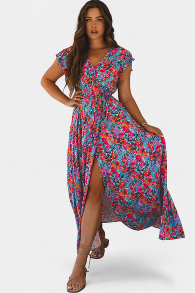 Vestido Largo Cruzado Ximena con Estampado Floral y Abertura Lateral
