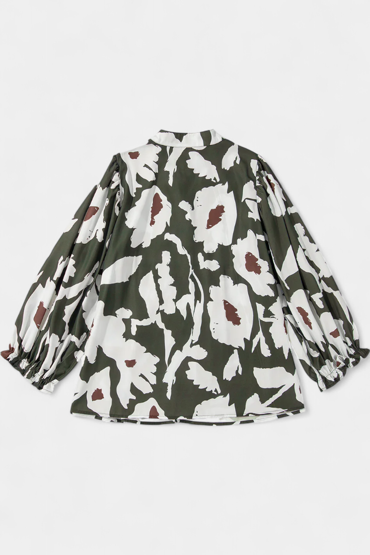 Filomena Blusa de Media Botonadura con Manga Abullonada en Estampado Floral Abstracto