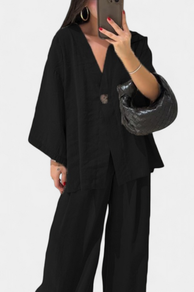 Eli Conjunto Oversize: Top de Cuello en V y Pantalón Recto