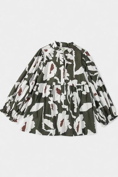 Filomena Blusa de Media Botonadura con Manga Abullonada en Estampado Floral Abstracto