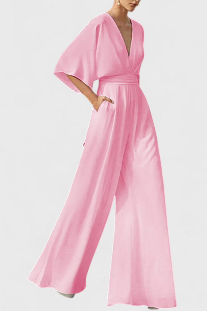 Mono Largo Elegante Isaura con Pierna Ancha y Escote en V