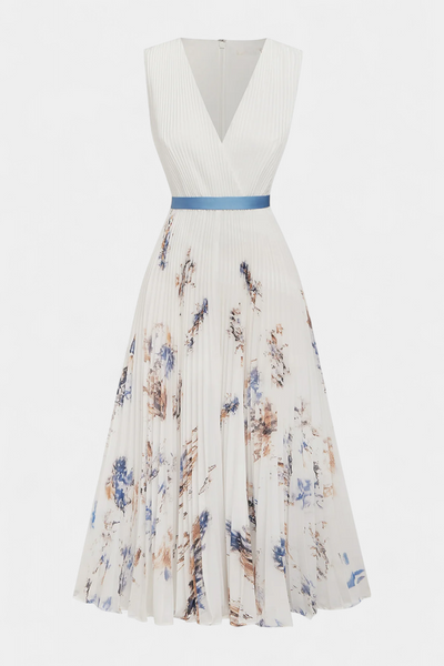 Vestido Midi Sin Mangas Elise con Estampado Floral y Detalles Plisados
