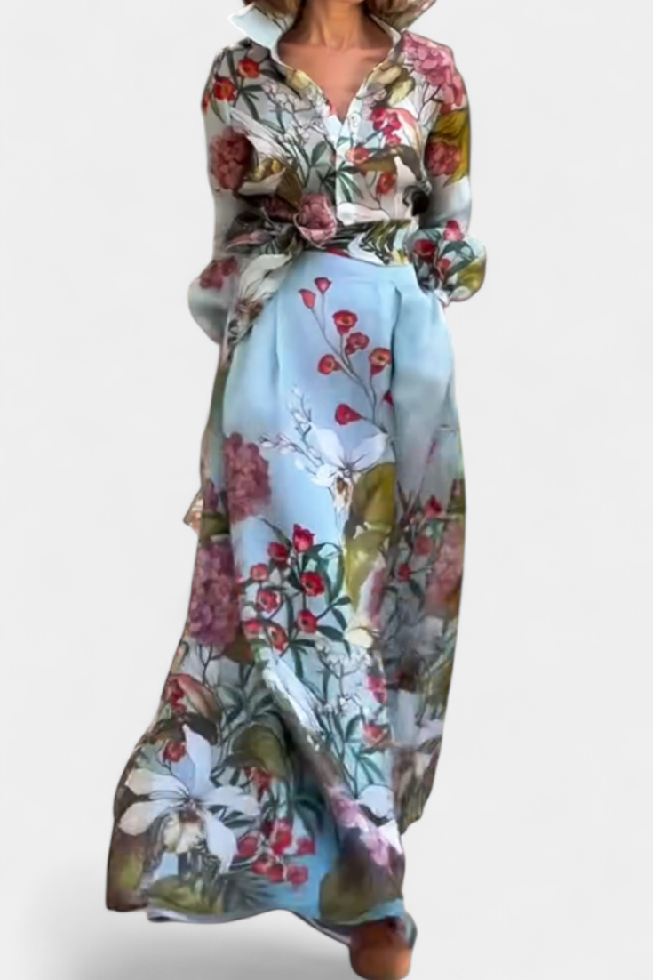 Sanne Conjunto Chic de Camisa y Pantalón Suelto con Estampado