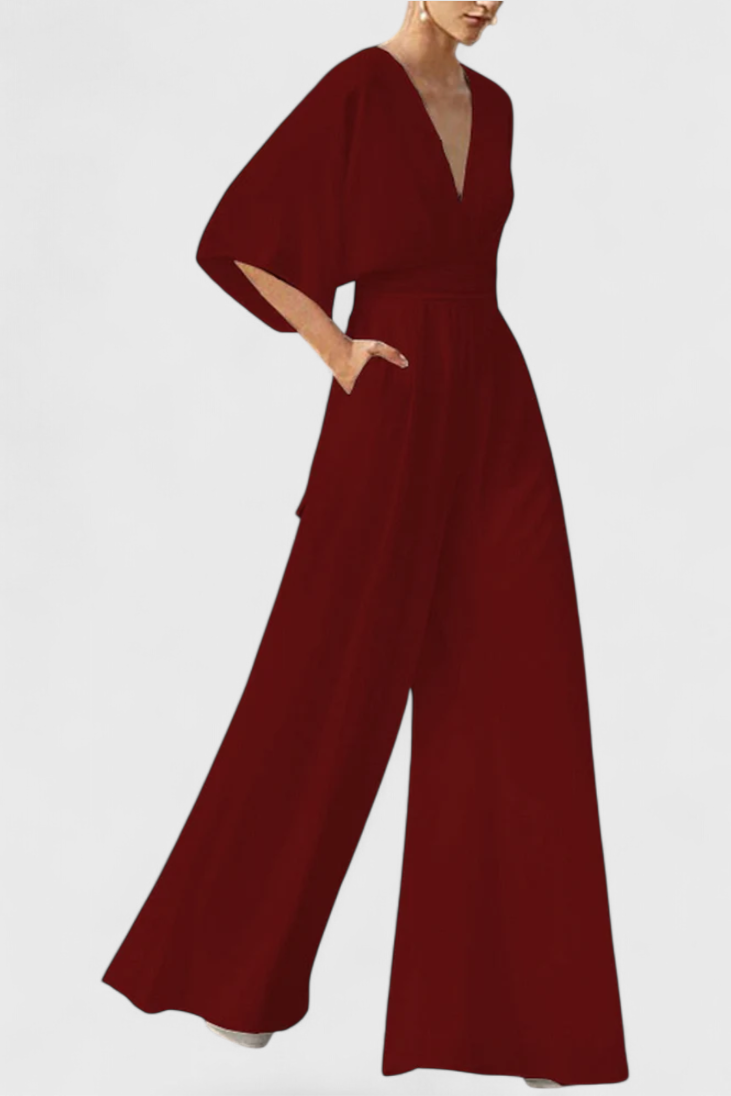 Mono Largo Elegante Isaura con Pierna Ancha y Escote en V
