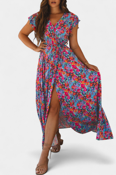 Vestido Largo Cruzado Ximena con Estampado Floral y Abertura Lateral