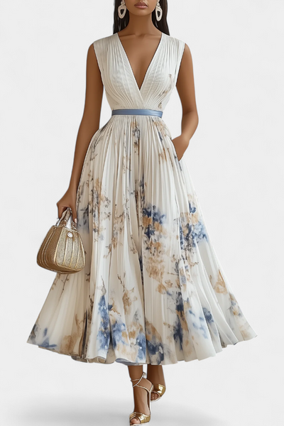 Vestido Midi Sin Mangas Elise con Estampado Floral y Detalles Plisados