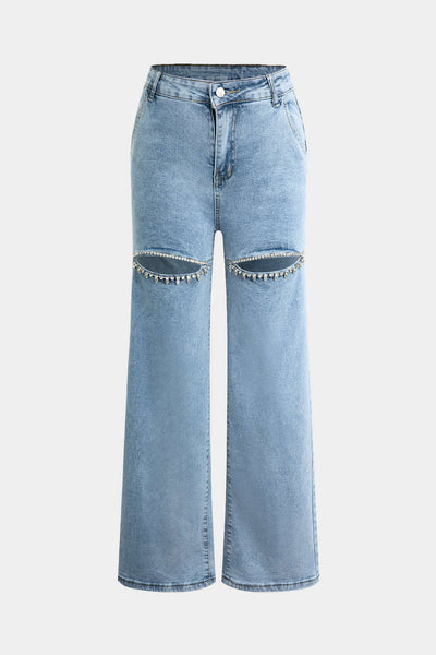 Evian Rhinestone-Embellished Ripped Straight-Leg Jeans
