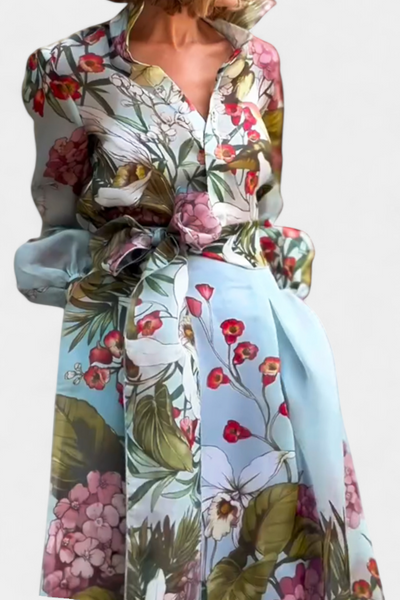 Sanne Conjunto Chic de Camisa y Pantalón Suelto con Estampado