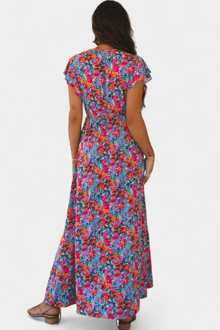 Vestido Largo Cruzado Ximena con Estampado Floral y Abertura Lateral