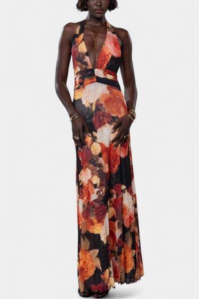 Vestido Maxi de Lunares Melodía con Escote Halter y Cintura Ajustada