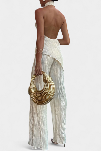 Pilarica Conjunto de Top Halter Asimétrico y Pantalón Fluido con Pliegues