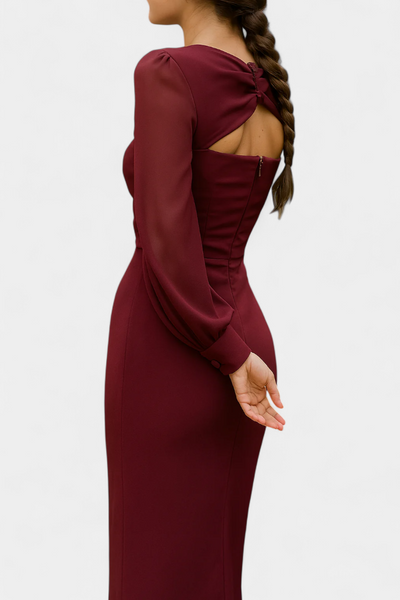 Vestido Midi Burdeos Julissa con Detalle Anudado y Espalda Descubierta