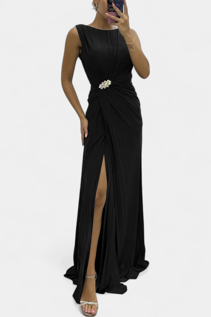Vestido Maxi Plisado Shiloh con Abertura Lateral y Escote Cruzado