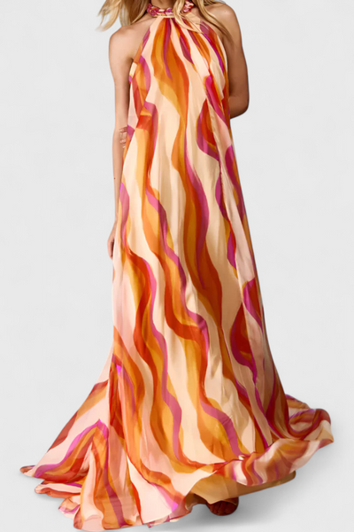 Vestido Maxi Halter Remi con Estampado Ondulado y Detalles Trenzados Elegantes