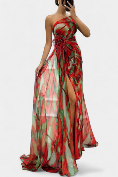 Aylin Vestido Maxi Asimétrico con Estampado Colorido