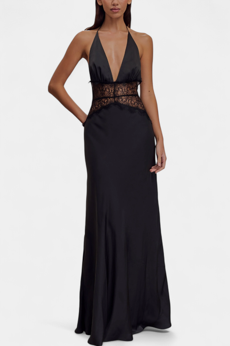 Vestido Largo Ashanty con Escote Halter y Cintura de Encaje Transparente