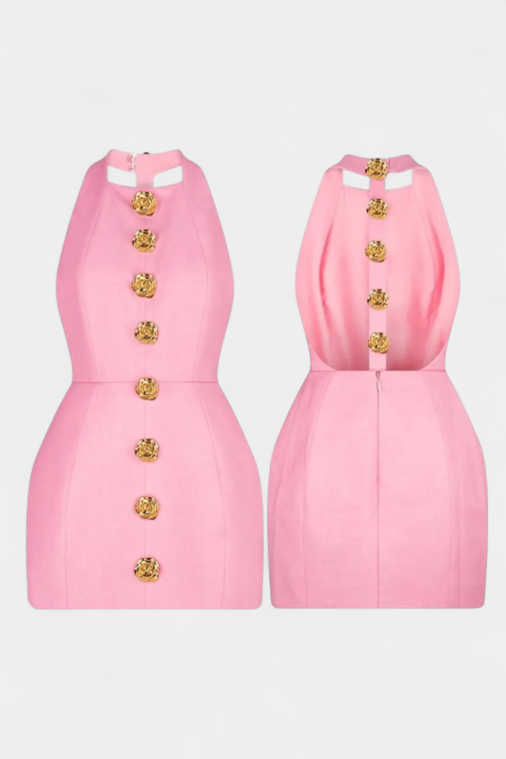 Yvonne Mini Vestido Halter con Espalda Abierta y Detalles Florales