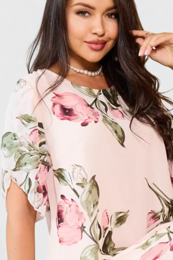 Tameka Vestido de Gasa Suave con Pétalos y Mangas Transparentes