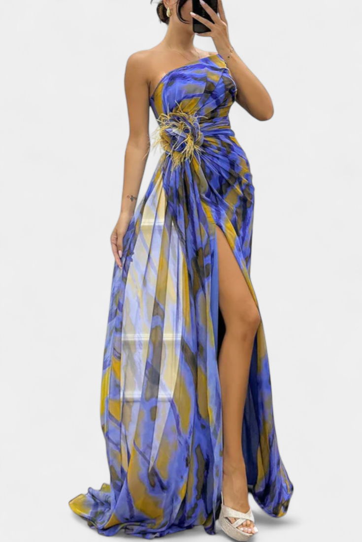 Aylin Vestido Maxi Asimétrico con Estampado Colorido