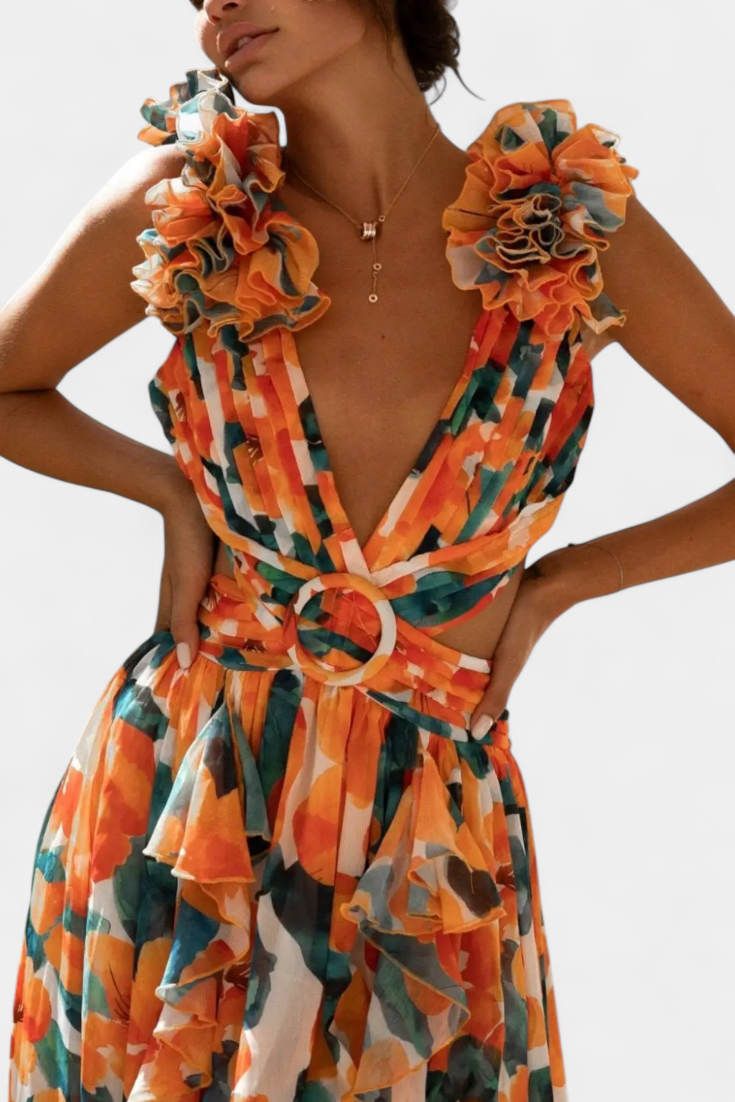 Zuleika Vestido de Chifón con Volantes y Aberturas Lateral