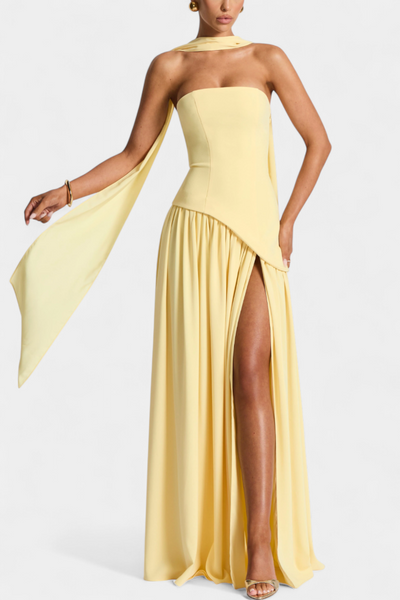 Celaena Vestido Maxi Chiffon Off Shoulder con Abertura Lateral