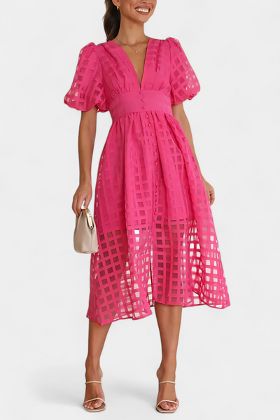 Vestido Midi Marigold de Manga Abullonada con Diseño de Cuadrados