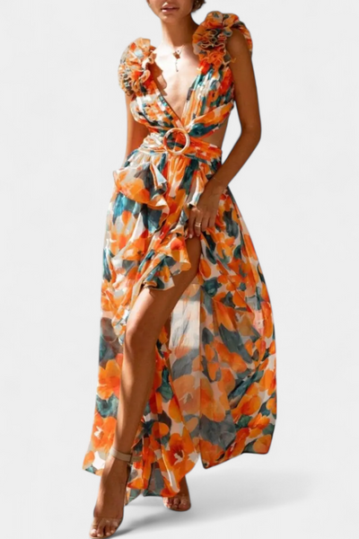 Zuleika Vestido de Chifón con Volantes y Aberturas Lateral