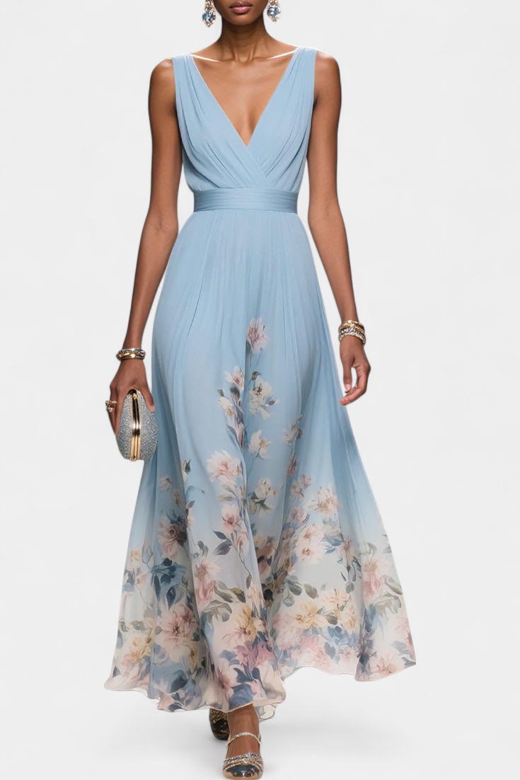 Vestido Maxi Floral Sin Mangas con Escote en V de Sauline