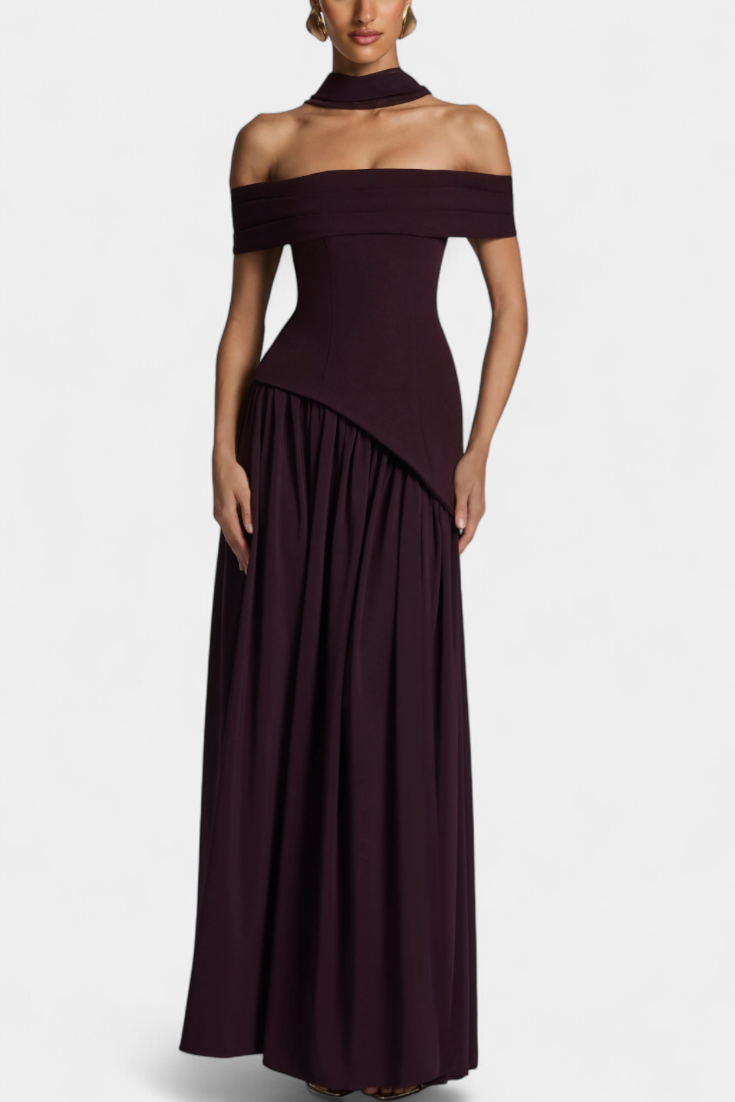 Celaena Vestido Maxi Chiffon Off Shoulder con Abertura Lateral