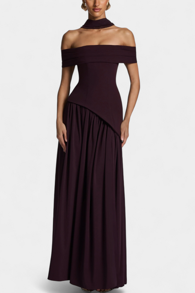Celaena Vestido Maxi Chiffon Off Shoulder con Abertura Lateral