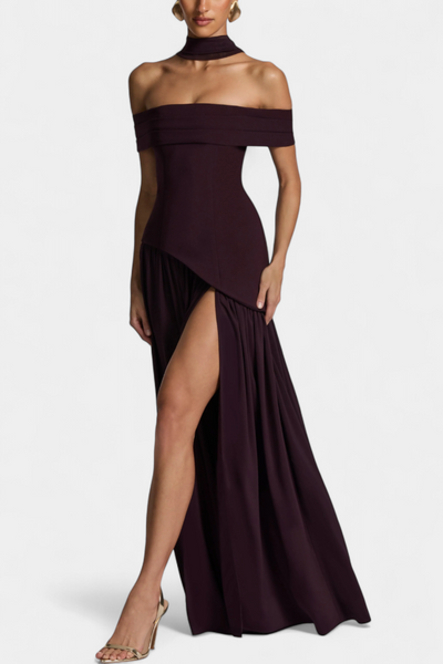 Celaena Vestido Maxi Chiffon Off Shoulder con Abertura Lateral
