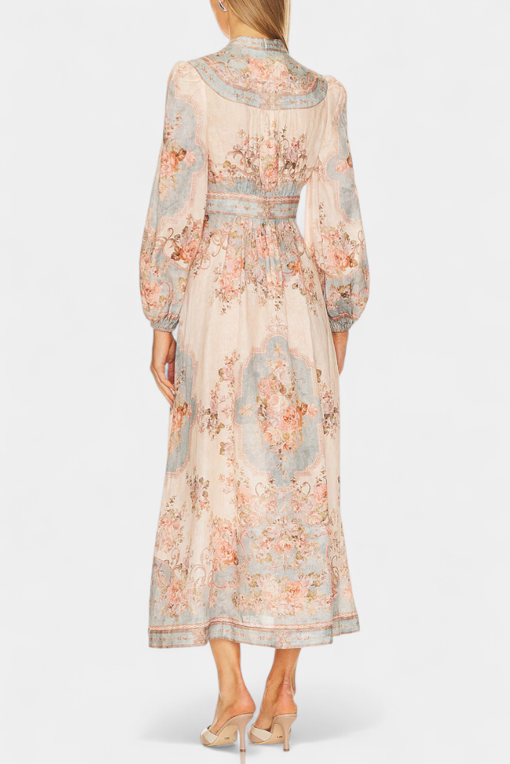 Dorotila Vestido Maxi Acampanado con Estampado Floral, Botones y Mangas Abullonadas