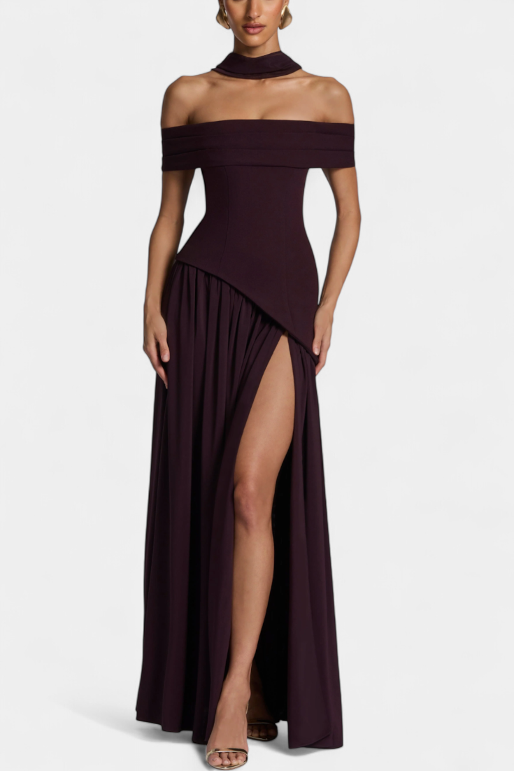 Celaena Vestido Maxi Chiffon Off Shoulder con Abertura Lateral